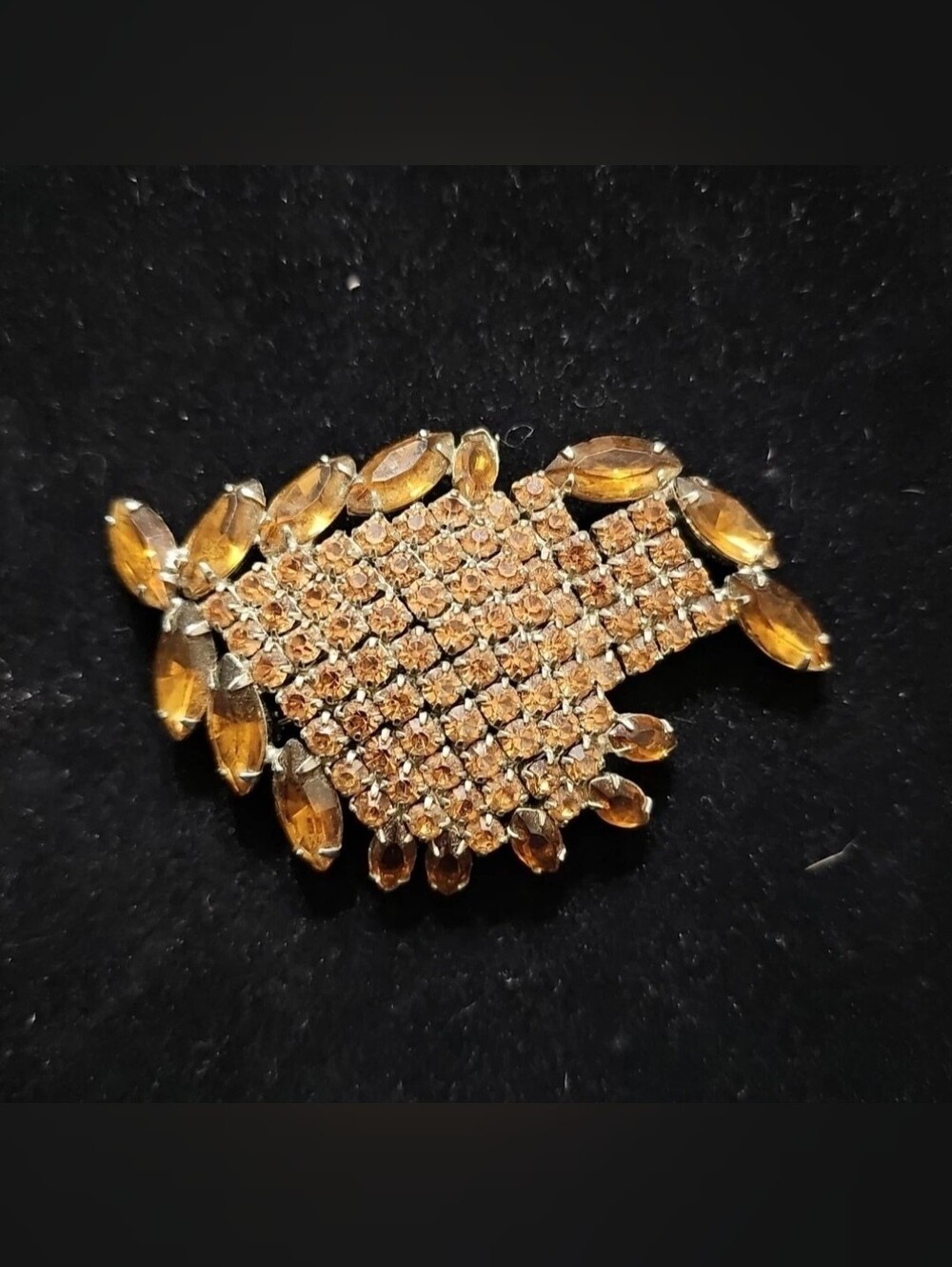 Vtg 1950s Large 3" Topaz Amber Rhinestone Marquise Statement Brooch
